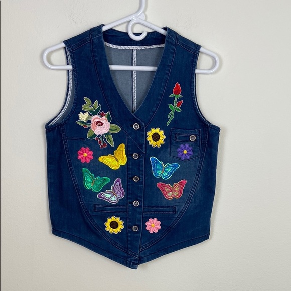 Vintage Jackets & Blazers - Embroidered Denim Vest Colorful Patches Women's Small Y2K 90s Retro Summer